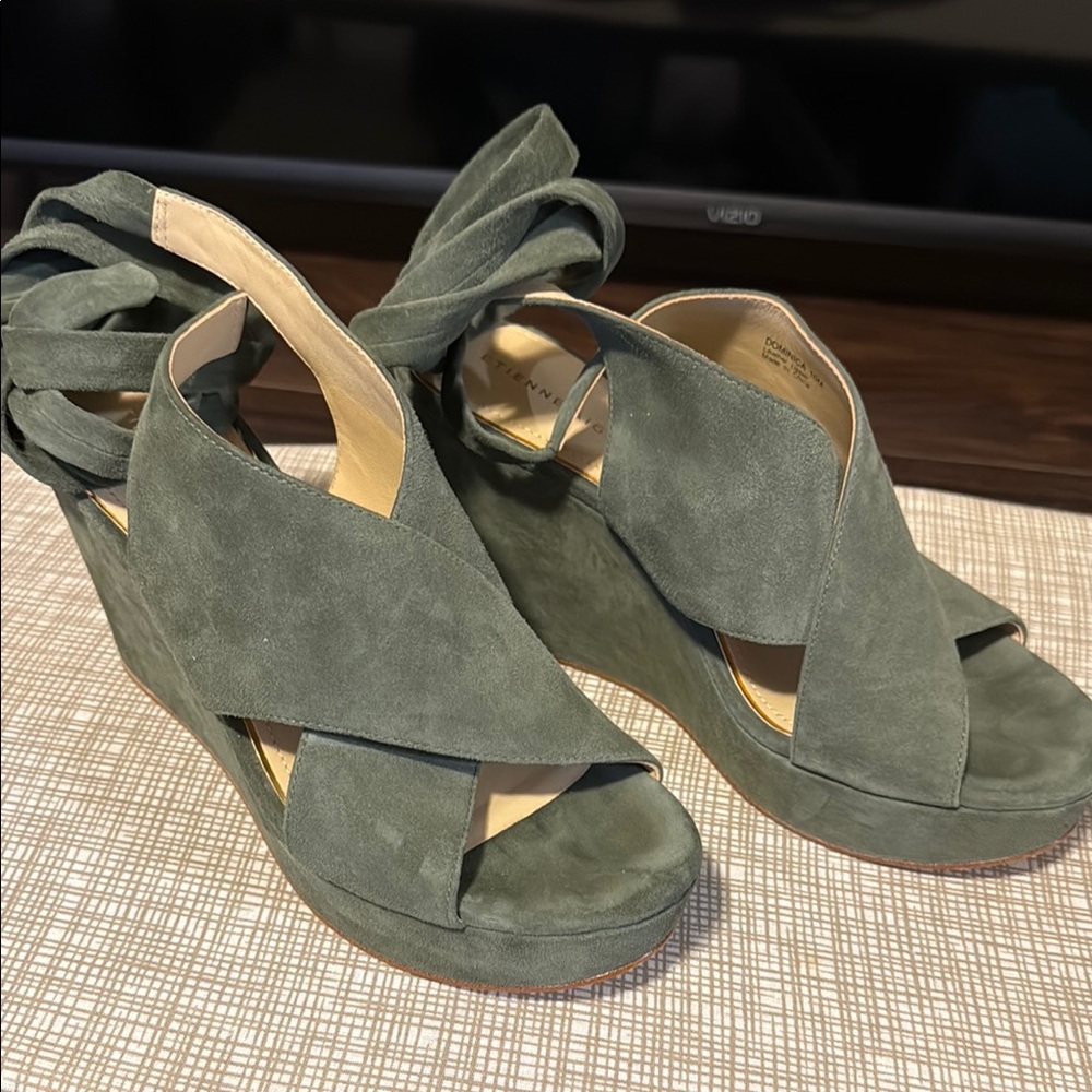 Elegant Green Suede Wedge Sandals